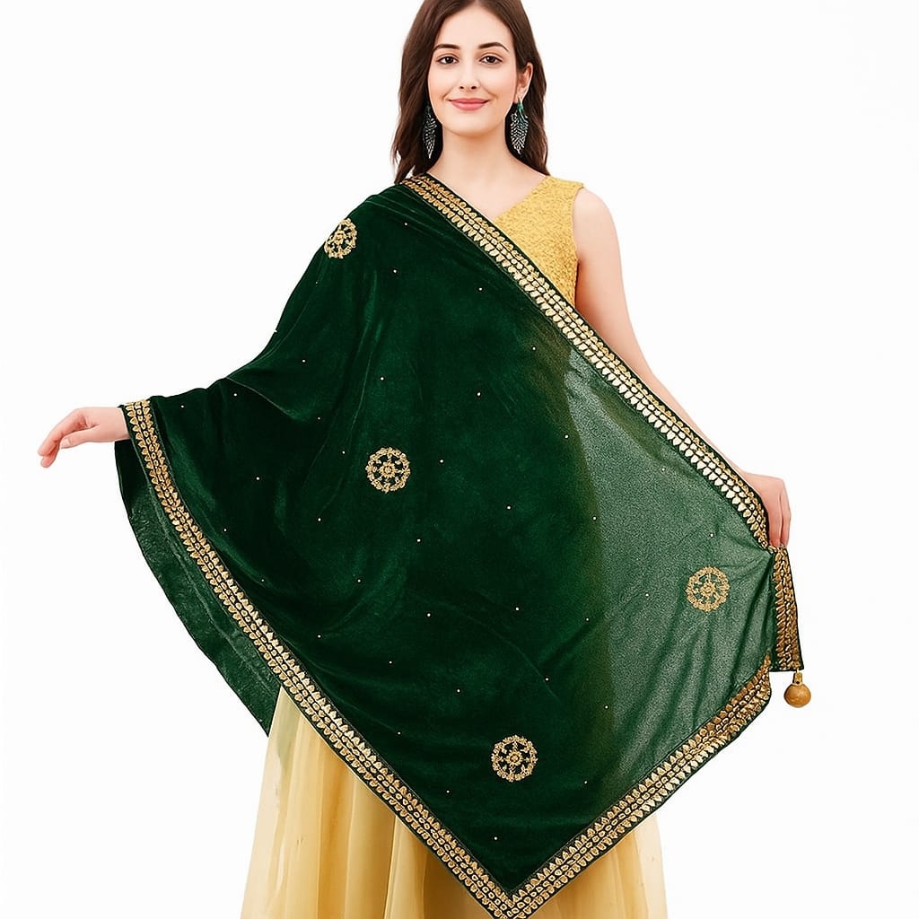 Women’s Heavy Velvet Look Embroidered Dupatta with Golden Mirror Work Border – Dark Emerald Green | Festive & Wedding Wear