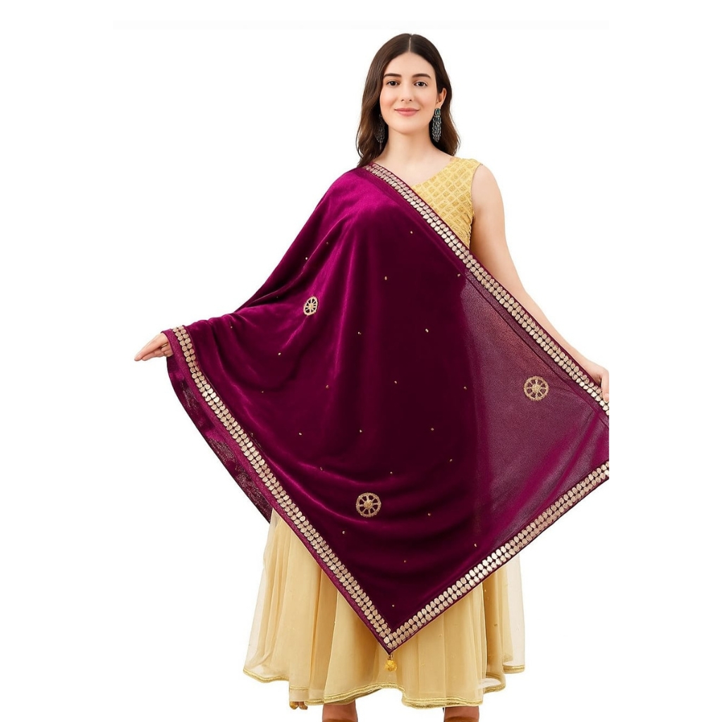 Women’s Velvet Mirror Work Dupatta – Soft Premium Velvet Shawl with Fancy Border & Embroidery | Festive & Wedding Wear Dupatta