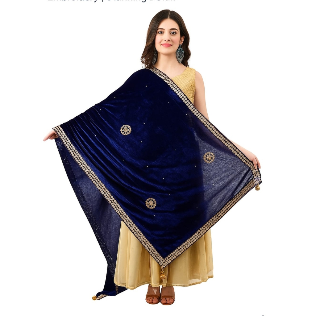 Women’s Velvet Embroidered Dupatta – Navy Blue | Heavy Border Work | Festive & Wedding Wear Stole