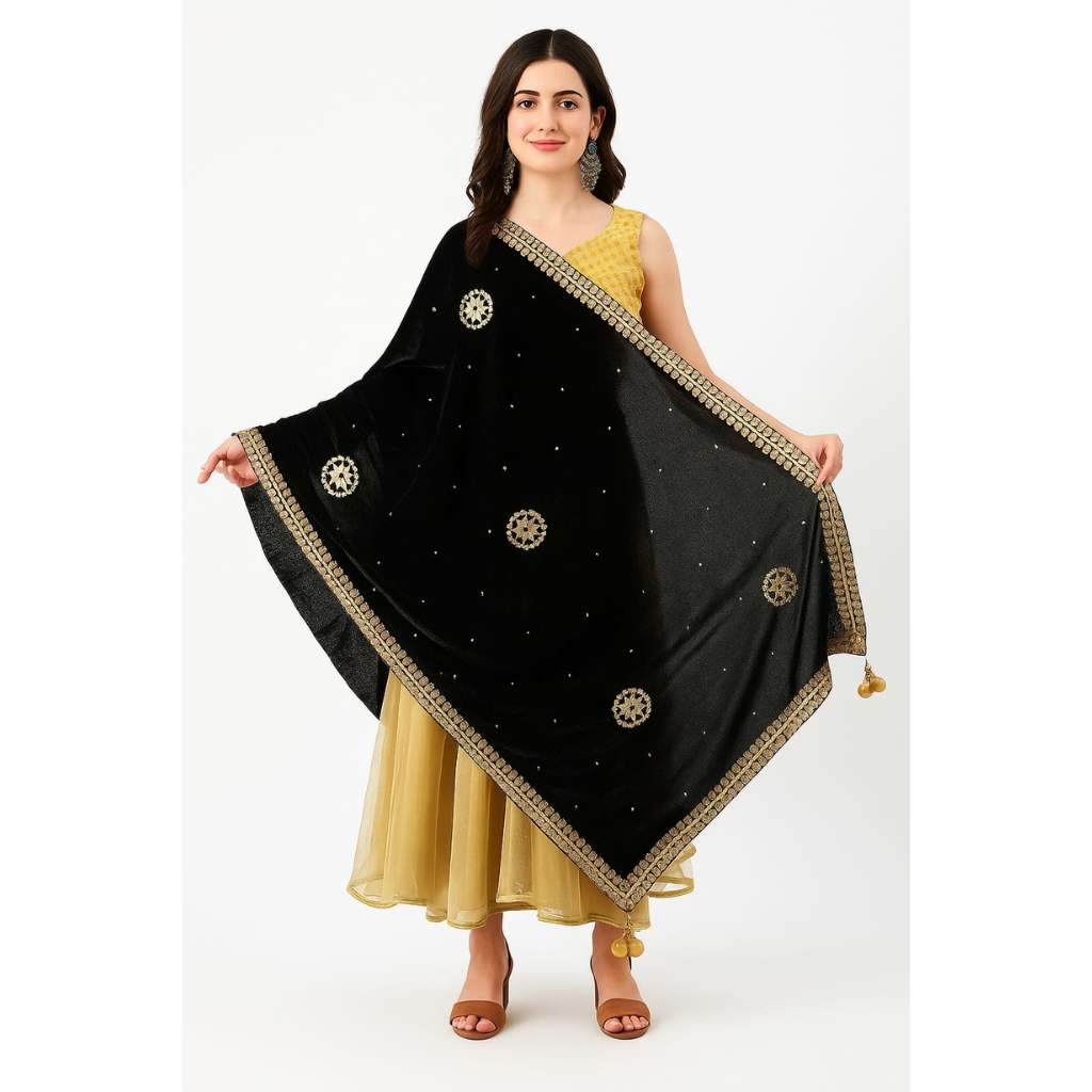 Women’s Premium Velvet Embroidered Dupatta with Mirror Border | Heavy Partywear Dupatta for Suits & Lehengas (Black)