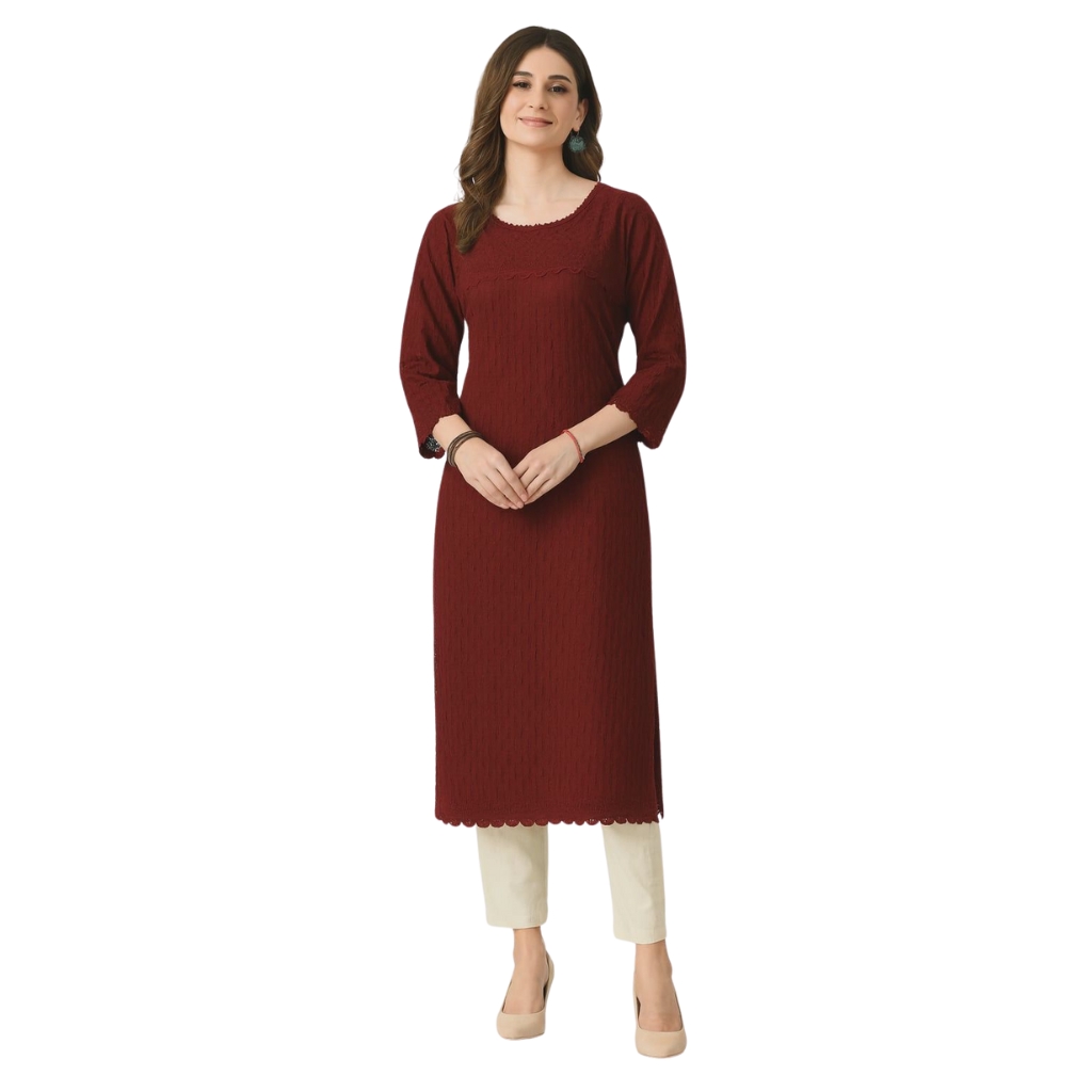 Women’s Maroon Textured Straight Kurti | Soft Rayon Blend Long Kurti with 3/4 Sleeves | Daily Wear & Office Wear