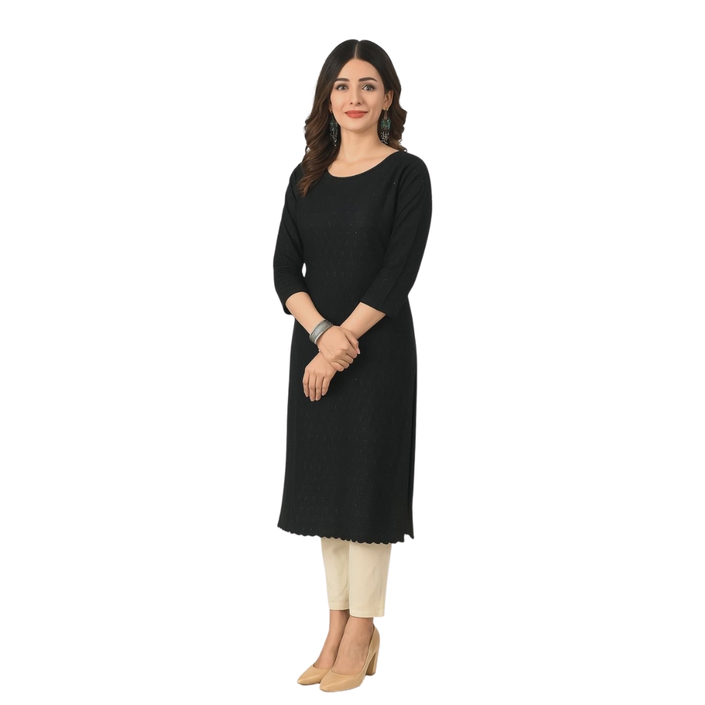 Women’s Black Textured Straight Kurti | Soft Rayon Blend Long Kurti with 3/4 Sleeves | Daily & Office Wear