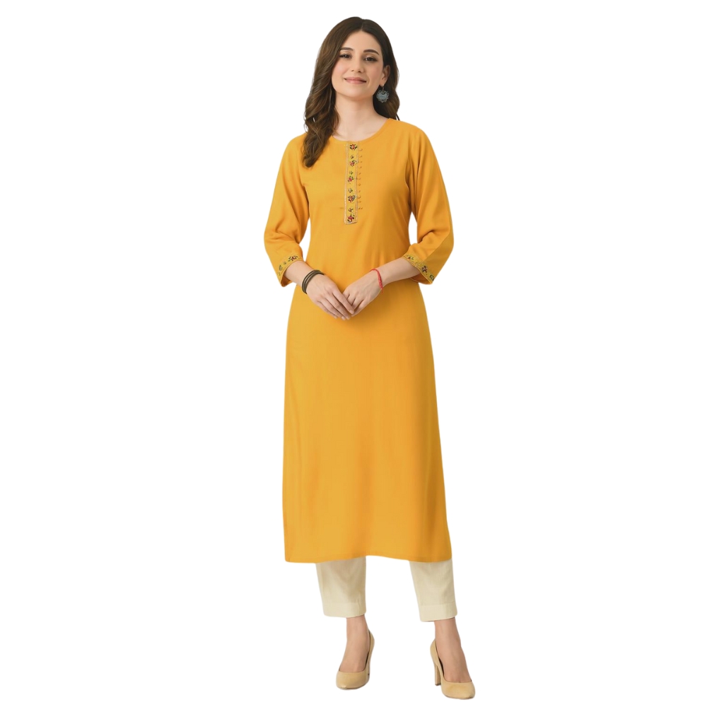 Women’s Mustard Rayon Embroidered Straight Kurti | Elegant Floral Work Kurti with 3/4 Sleeves | Daily & Office Wear