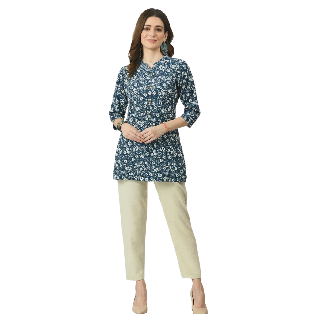 Women’s Blue Floral Printed Rayon Short Kurti | Daily Wear Tunic with 3/4 Sleeves & Stylish Neck