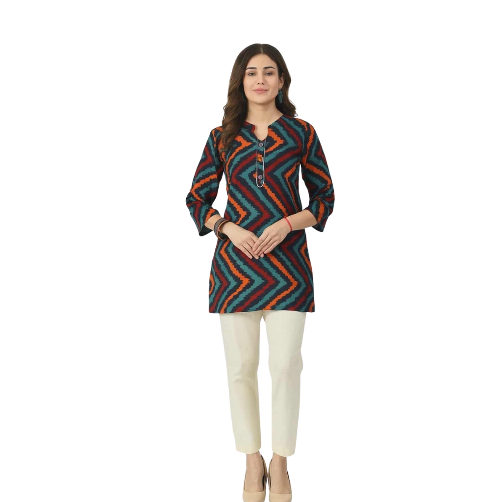 Women’s Multicolor Geometric Printed Cotton Short Kurti | Stylish Daily Wear Tunic with 3/4 Sleeves