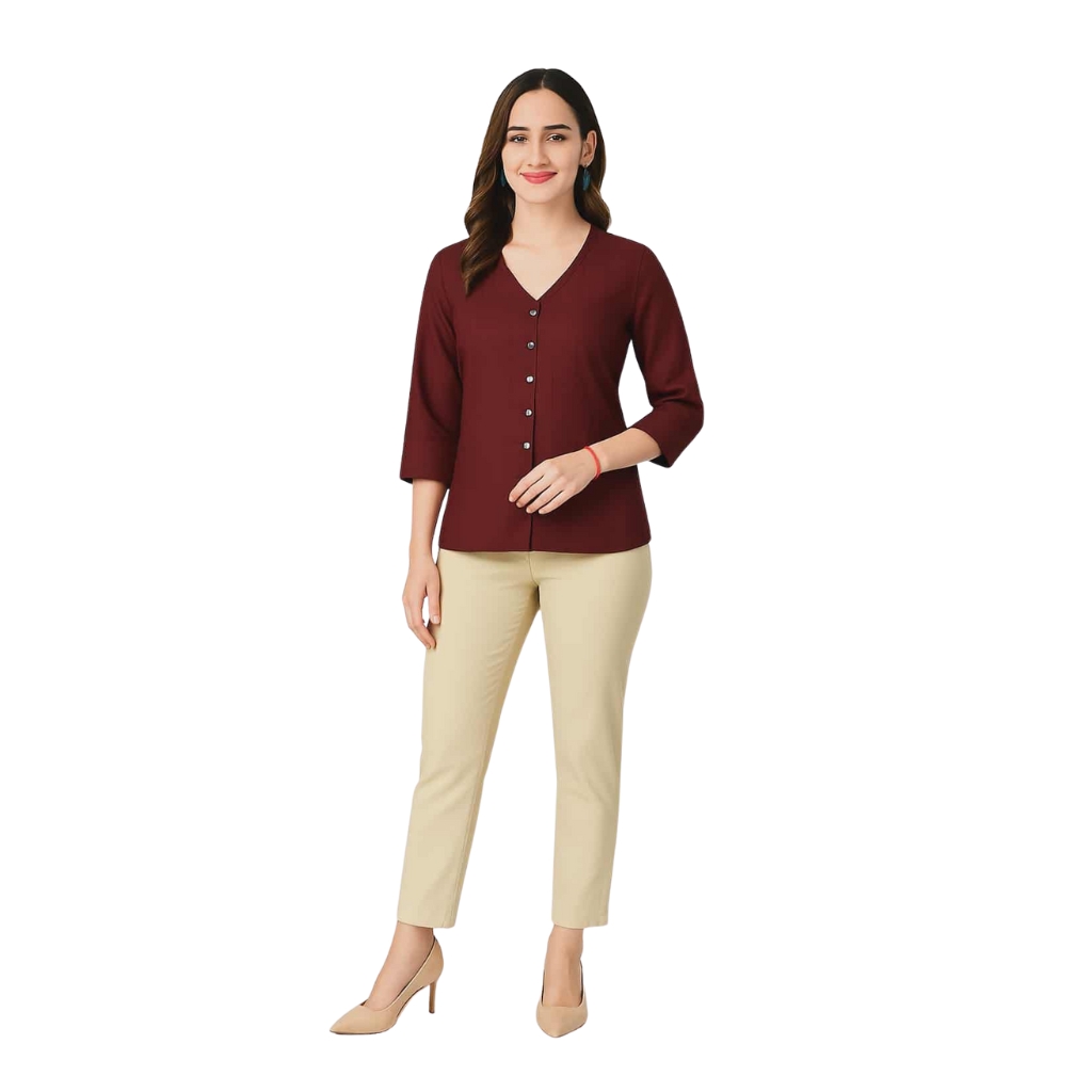 Women’s Maroon V-Neck Button-Down Top | Stylish Rayon Casual Top with 3/4 Sleeves