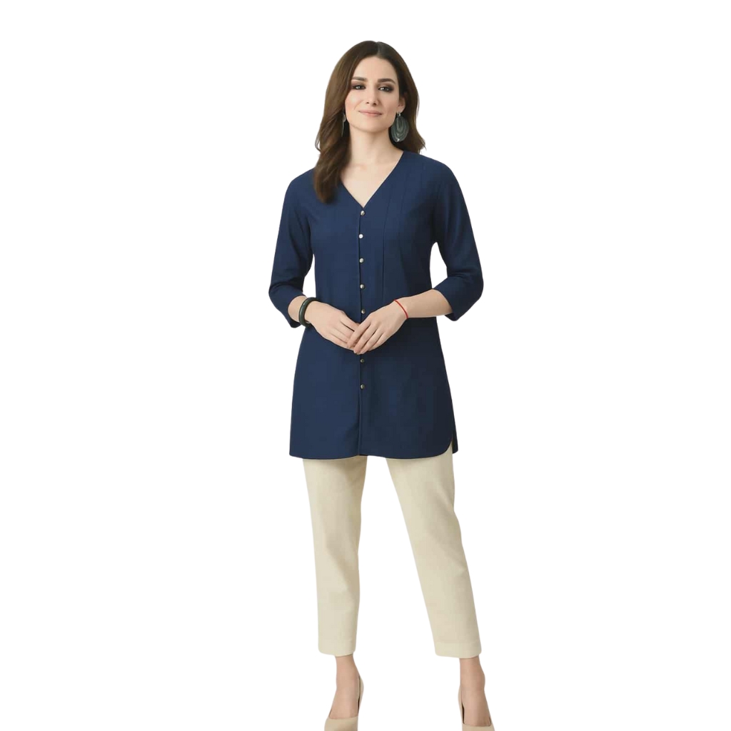 Women’s Navy Blue V-Neck Rayon Button Tunic | Stylish Straight-Fit Long Top with 3/4 Sleeves