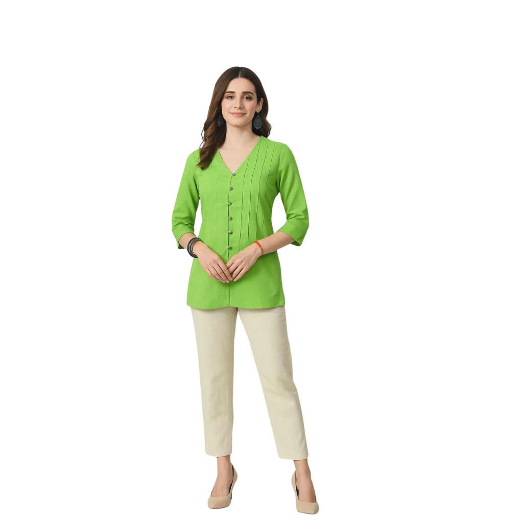 Women’s Light Green V-Neck Rayon Button Tunic | Elegant Straight-Fit Long Top with 3/4 Sleeves