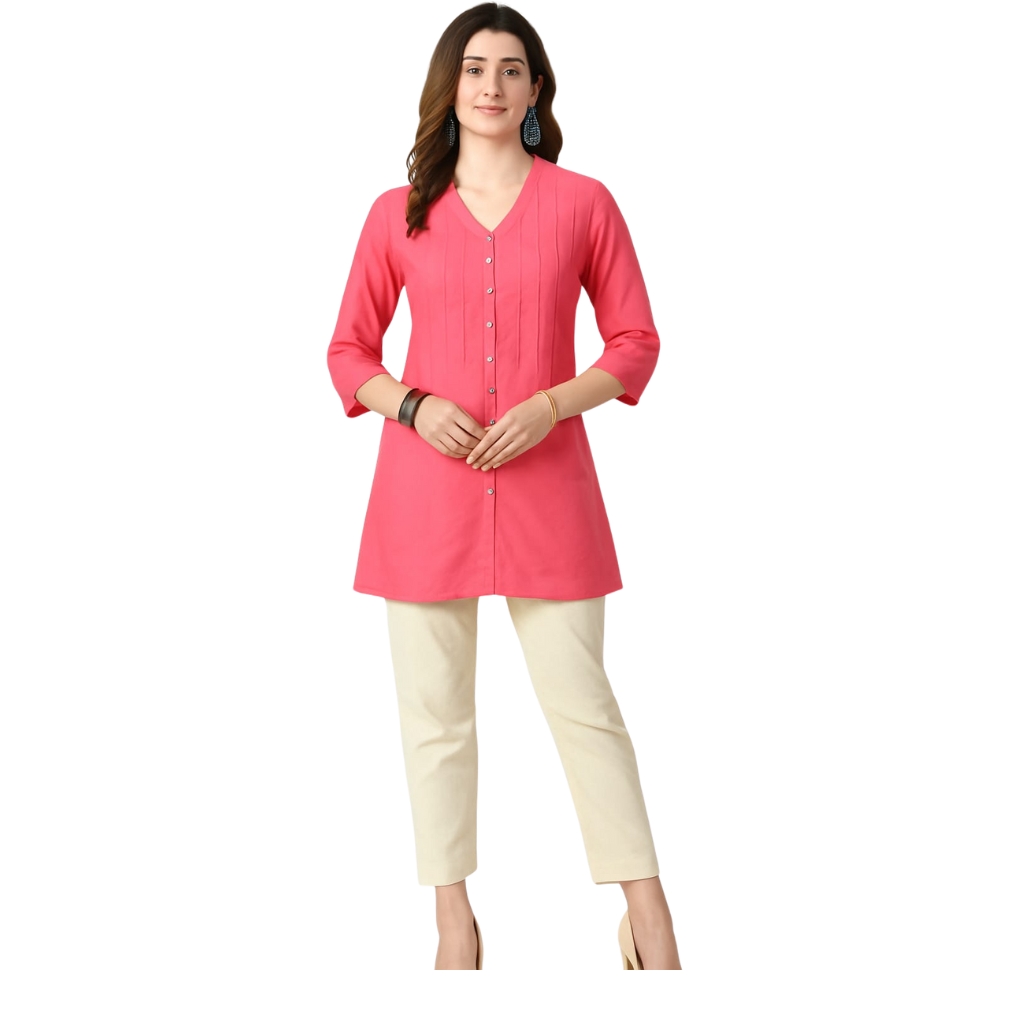 Women’s Pink V-Neck Rayon Button Tunic | Stylish Pleated Long Top with 3/4 Sleeves