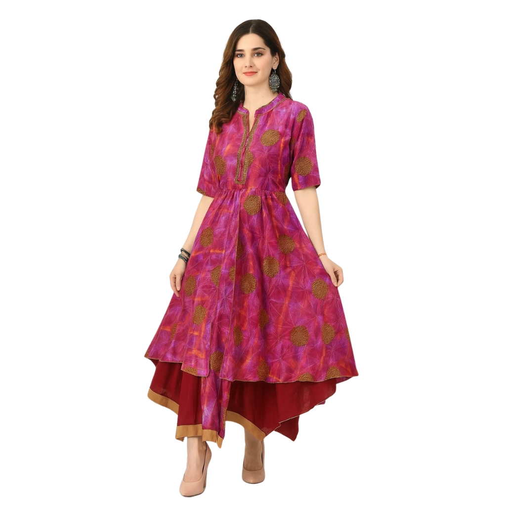 Women’s Pink Silk Printed Layered Flared Gown | High-Low Ethnic Gown with Gold Print & 3/4 Sleeves | Festive Wear