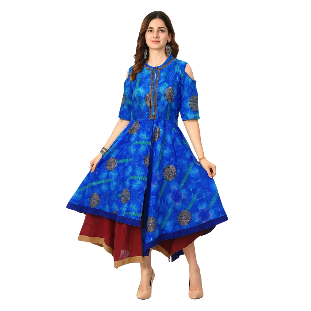 Women’s Blue Silk Printed Layered Flared Gown | Cold Shoulder High-Low Ethnic Gown with Gold Print | Festive & Party Wear