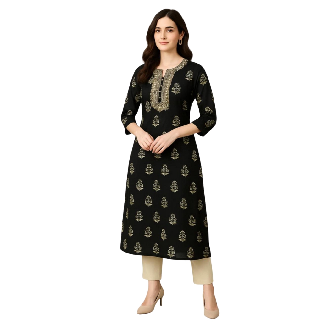 Women’s Black Rayon Printed Kurti | Elegant Gold Print Straight Kurti with Embroidered Neck | Daily & Festive Wear