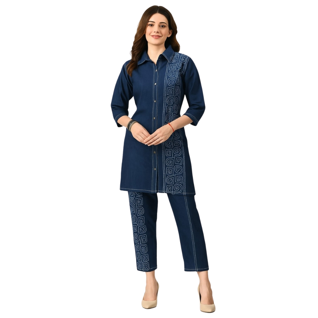 Women’s Denim Blue Embroidered Kurti with Pant Set for Casual & Office Wear