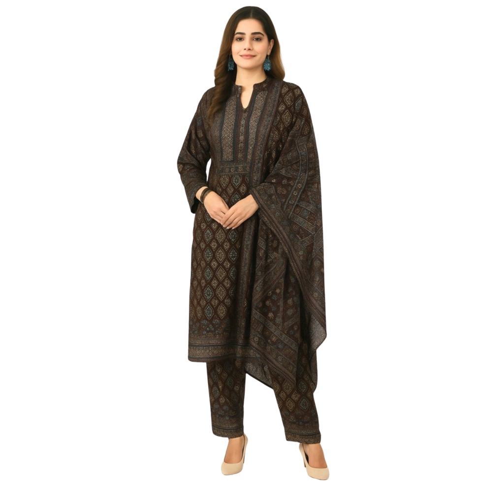 Elegant Brown Printed Woolen Dress with Dupatta for Women