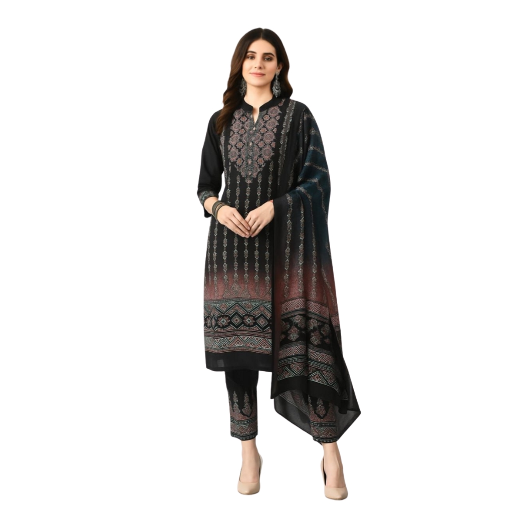 Elegant Black Woolen Dress with Dupatta for Women