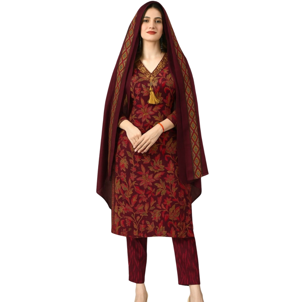 Maroon Floral Printed Woolen Dress Dupatta for Women