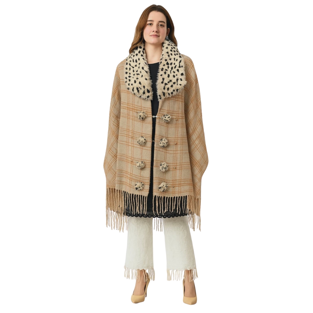 Women’s Woolen Checkered Cape with Faux Fur Collar | Elegant Button Detailing Poncho Wrap