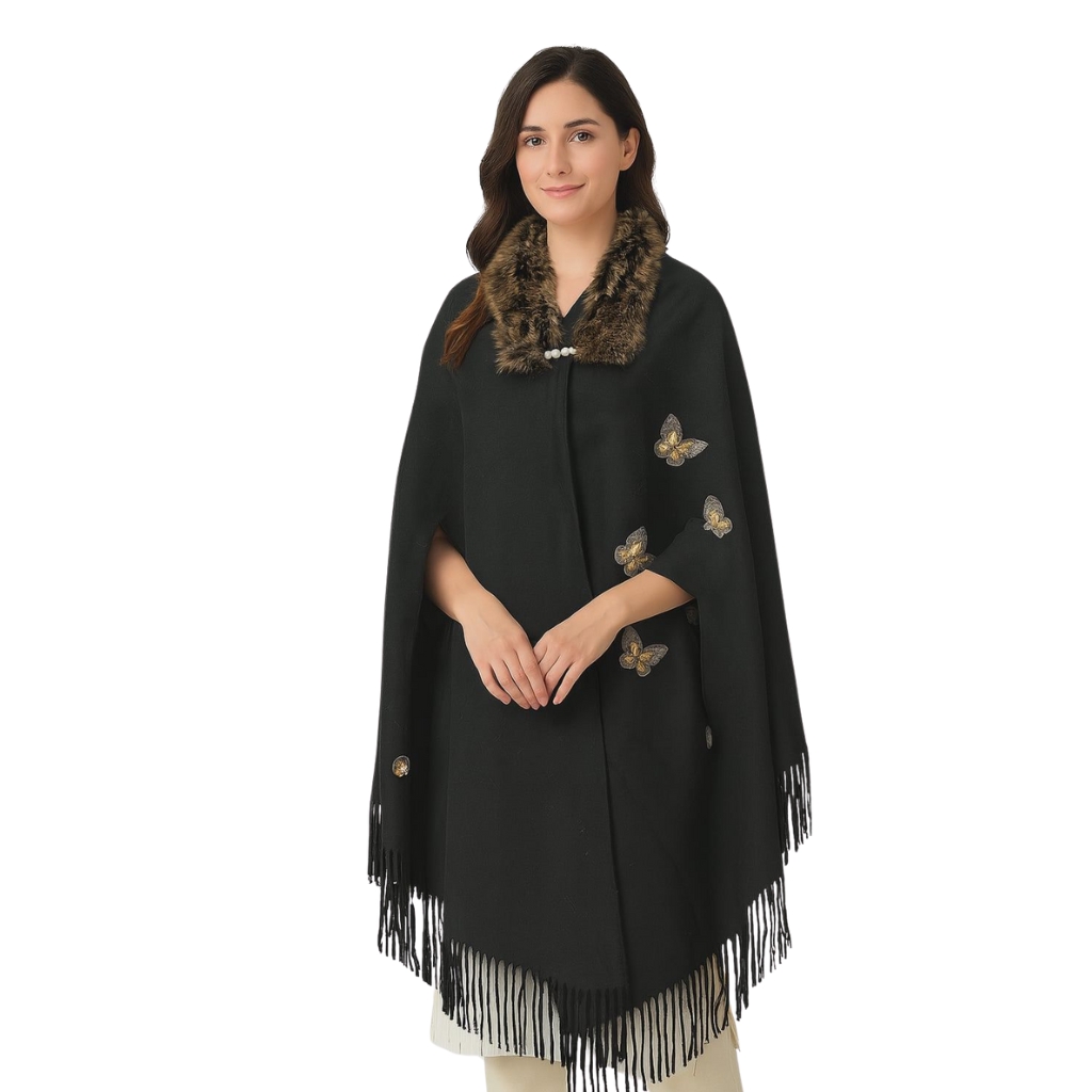 Women’s Black Woolen Cape Shawl with Faux Fur Collar | Butterfly Embroidered Winter Poncho