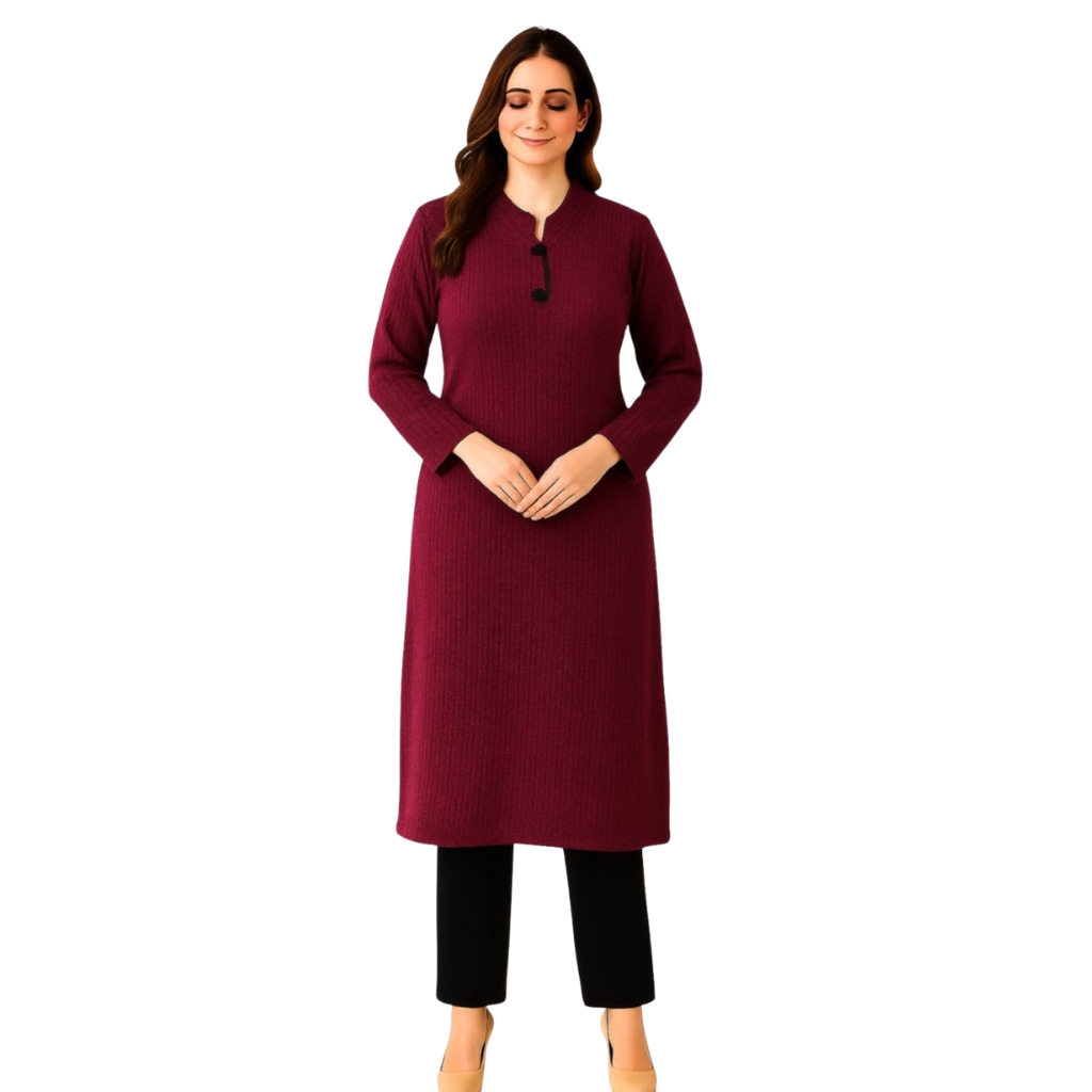 Women’s Woolen Straight Kurti | Maroon Solid Winter Kurta | Warm Long Sleeve Casual & Office Wear Tunic