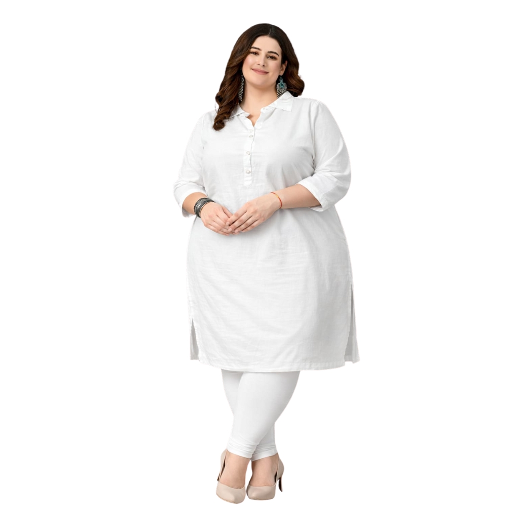 Women’s Pure Cotton White Straight Kurti for Plus Size | Comfortable Daily & Office Wear Kurta
