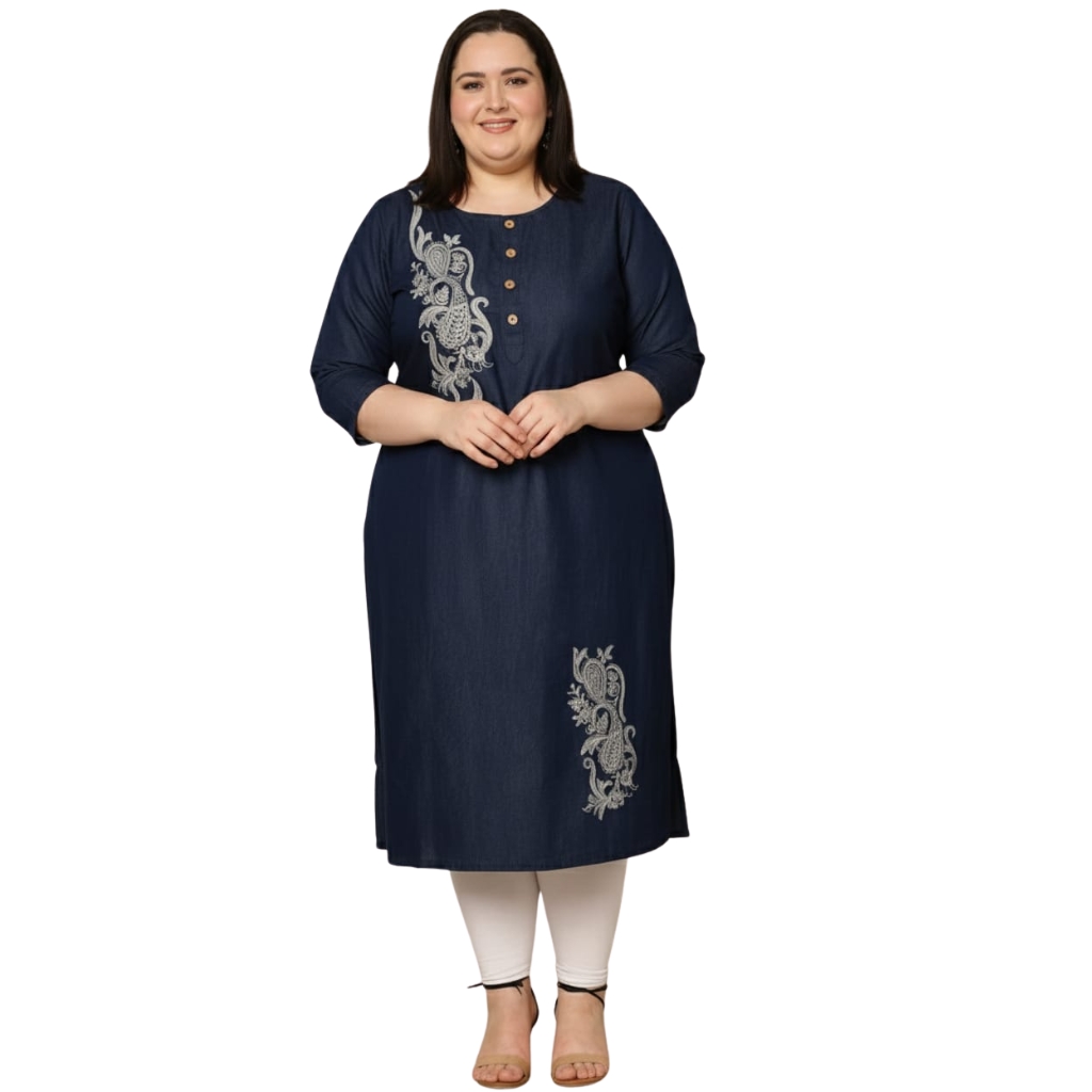 Women’s Solid Navy Blue Embroidered Kurti for Plus Size | Straight Fit Elegant Daily & Office Wear Kurta