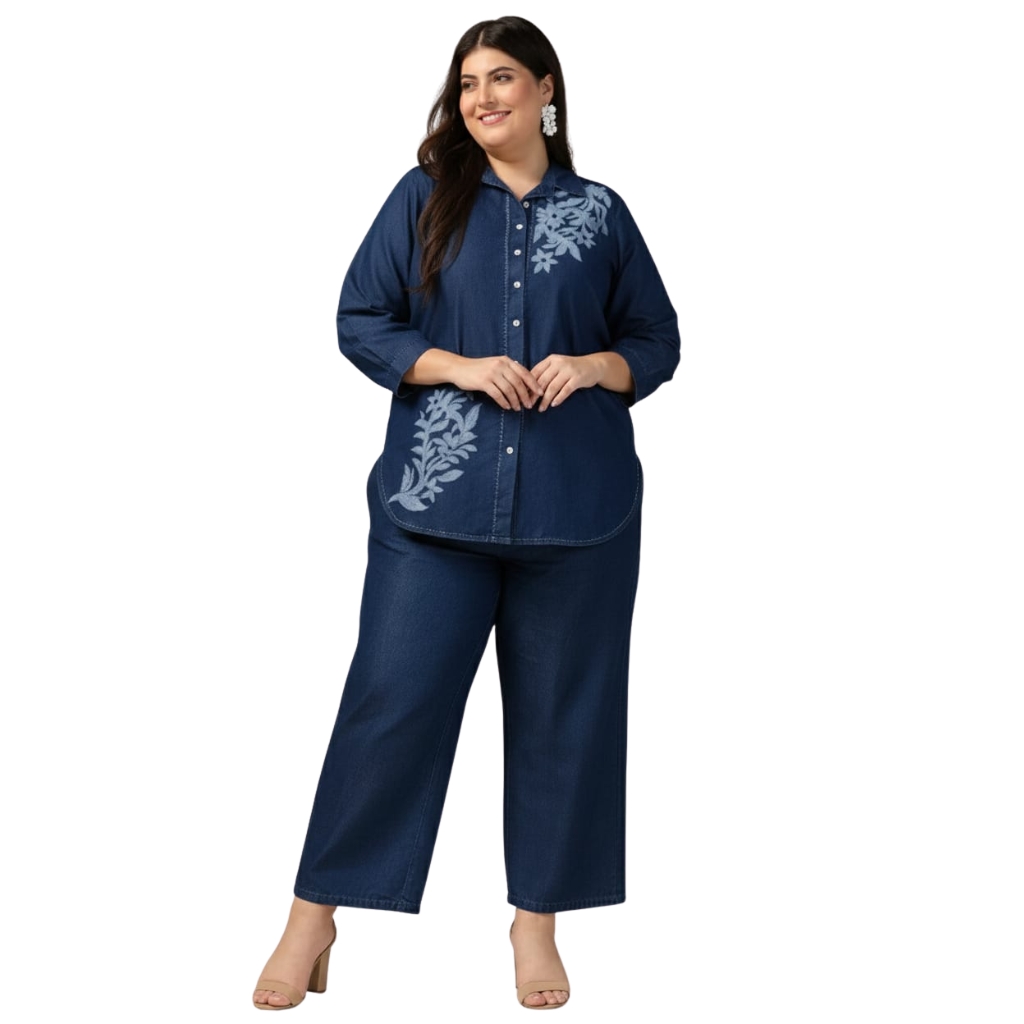 Women’s Plus Size Denim Co-Ord Set | Embroidered Denim Top & Wide Leg Pants | Stylish Casual Wear Set