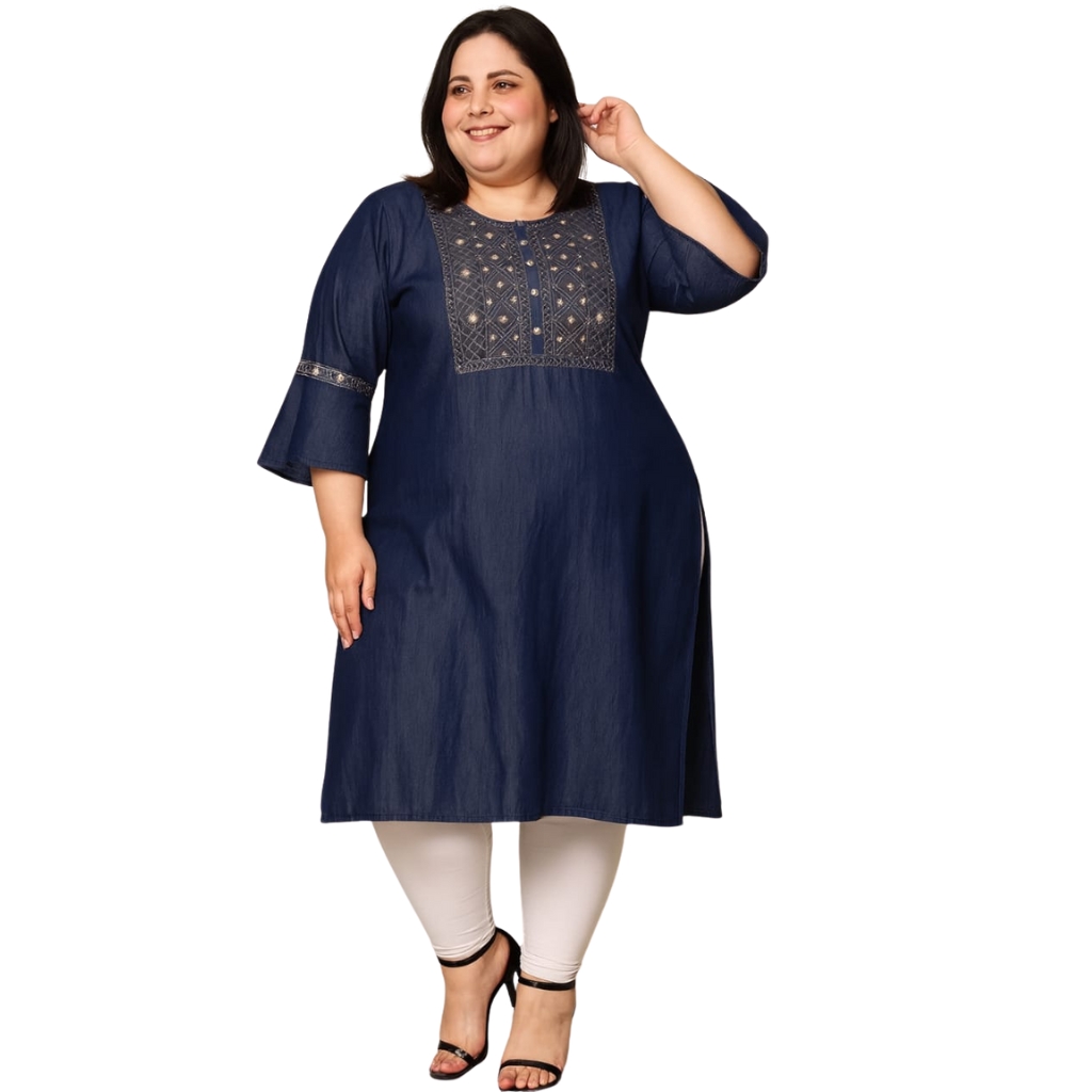 Women’s Plus Size Navy Blue Embroidered A-Line Kurti | Flared Sleeve Ethnic Casual & Office Wear
