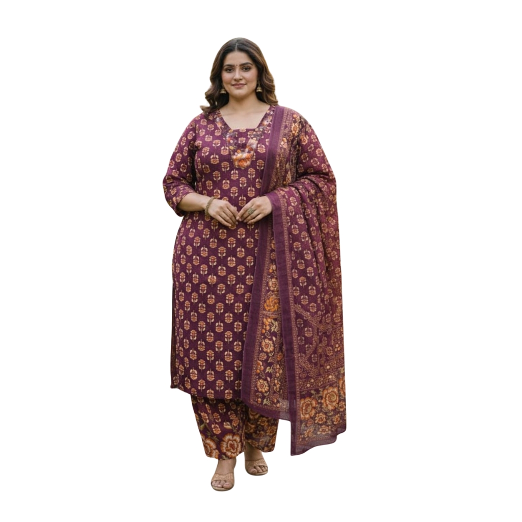 Women’s Pure Cotton Printed Kurta Pant Set with Dupatta | Hand Work Neck Design | Comfortable Ethnic Wear Suit Set