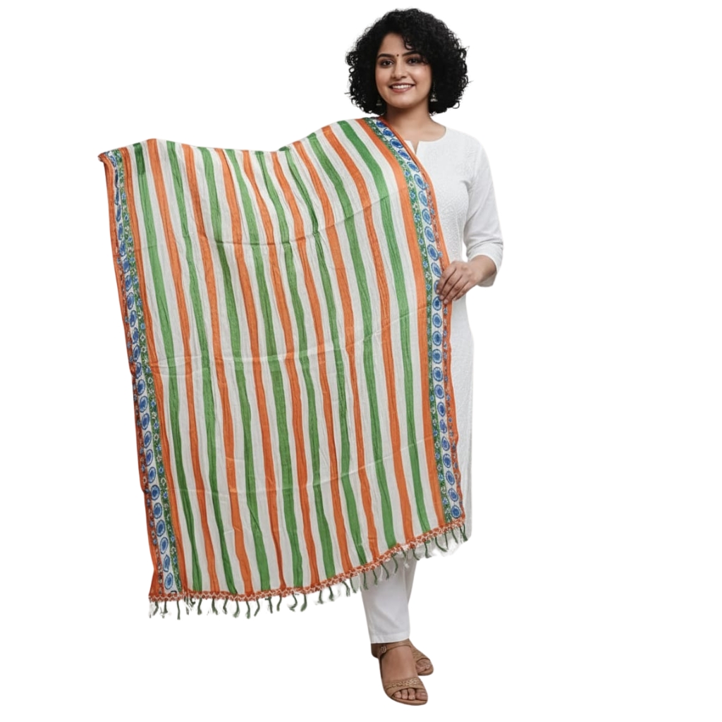 Women’s Printed Tri Color Silk Dupatta with Striped Design & Decorative Border | Lightweight Elegant Ethnic Dupatta