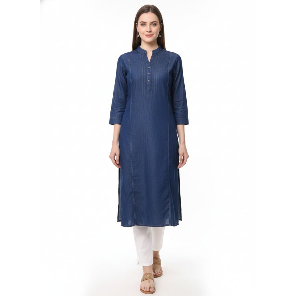 Women’s Solid Denim Blue Straight Kurti | Mandarin Collar | 3/4th Sleeves | Casual & Office Wear