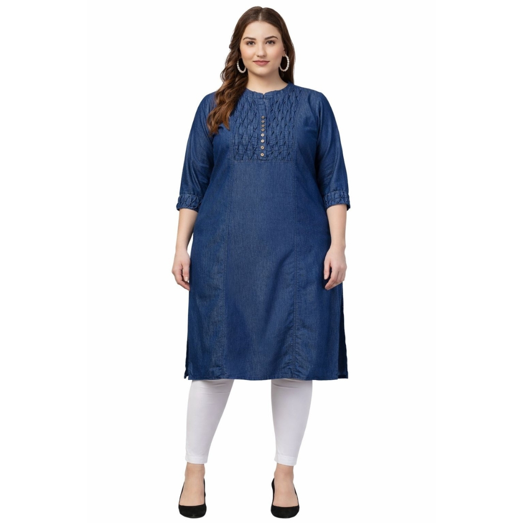 Women’s Plus Size Solid Denim Blue Straight Kurti | Mandarin Neck | Pintuck Yoke | 3/4 Sleeves | Casual & Office Wear