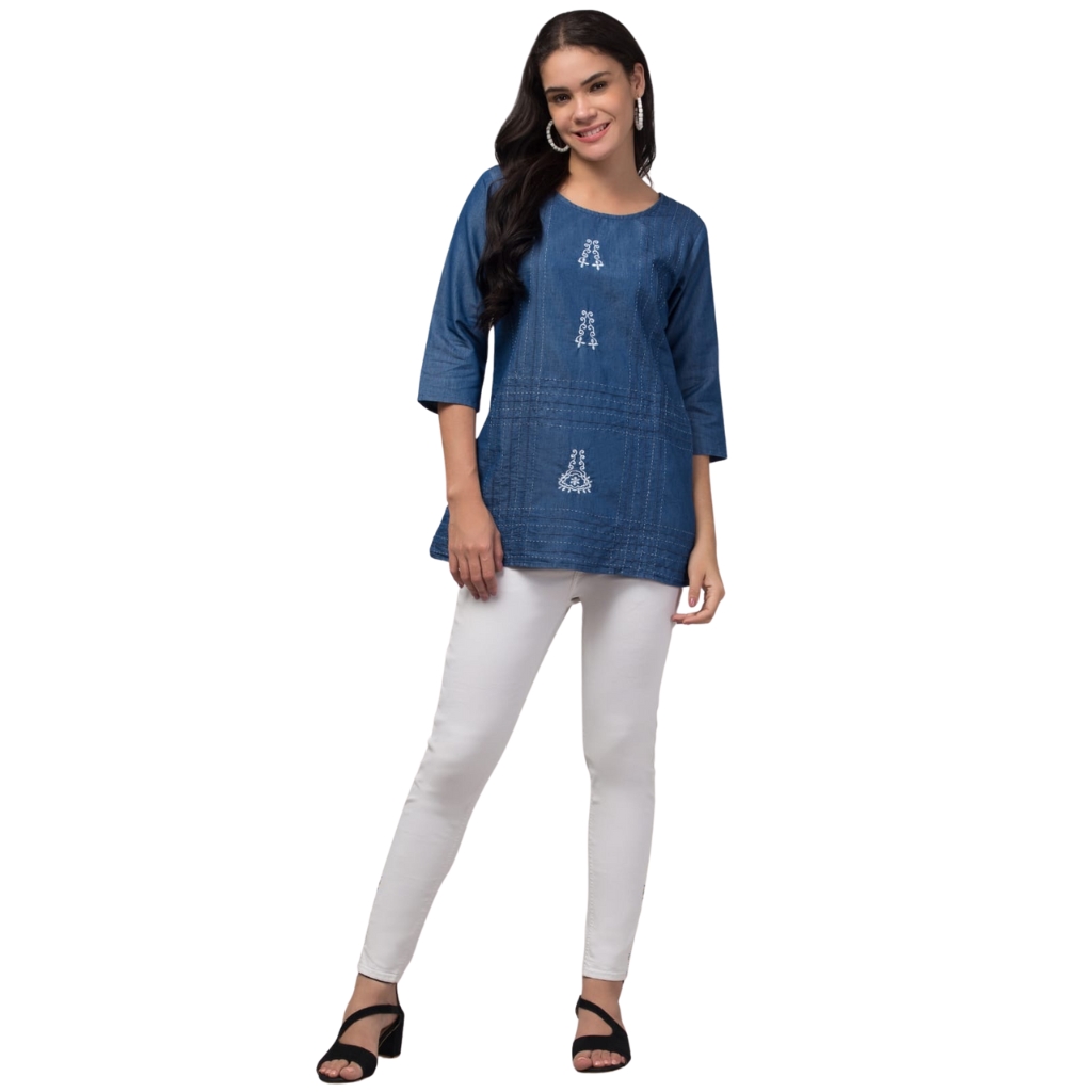 Women’s Solid Denim Blue Tunic Top | Round Neck | Embroidered Detail | 3/4 Sleeves | Casual & Office Wear