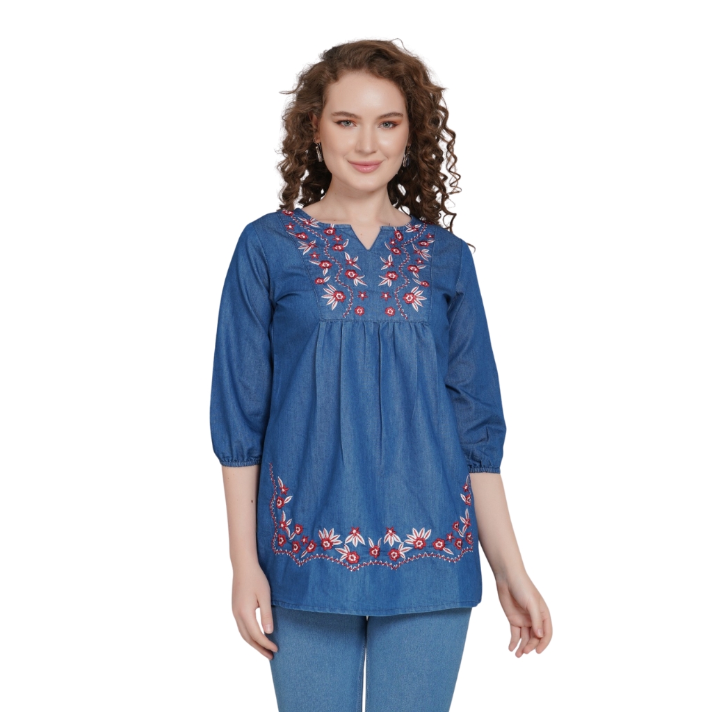 Women’s Embroidered Denim Blue Tunic Top | V-Neck | Floral Yoke & Hem Embroidery | 3/4 Sleeves | Casual & Ethnic Fusion Wear