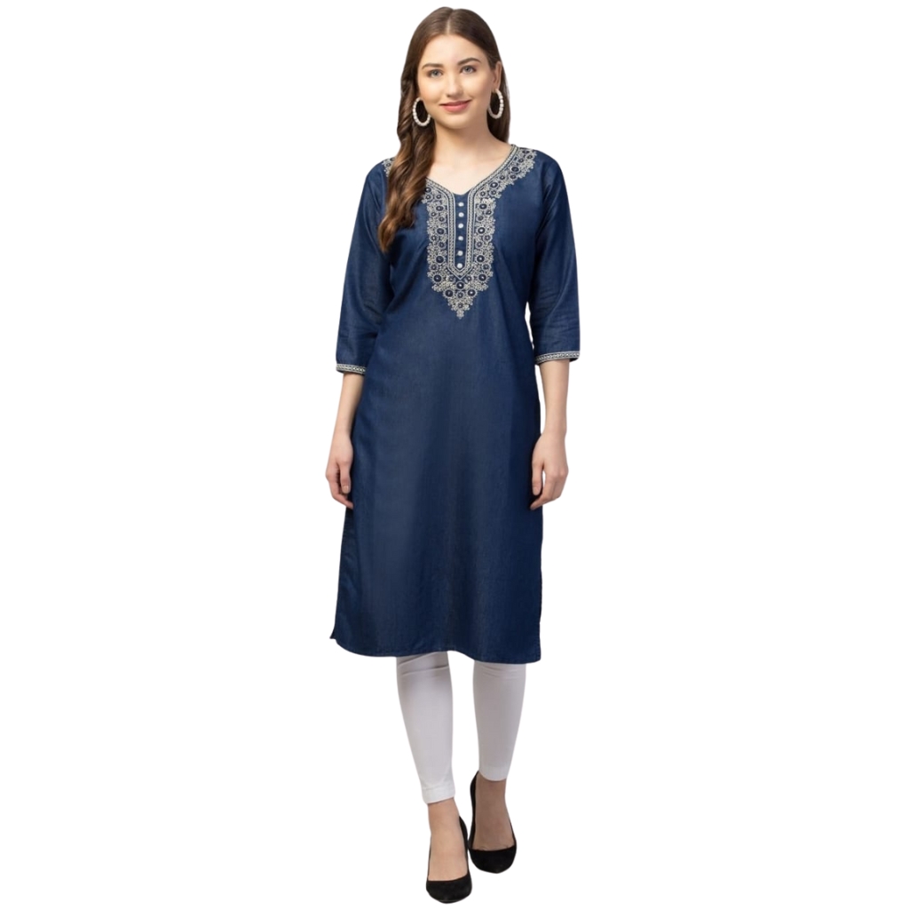 Women’s Embroidered Denim Blue Straight Kurti | V-Neck | Thread Work Yoke | 3/4 Sleeves | Casual & Office Wear