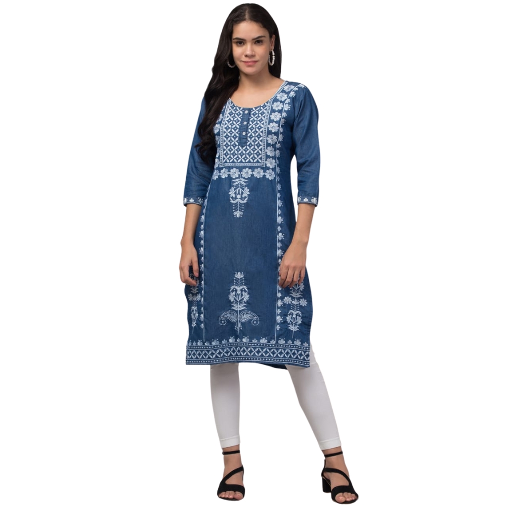 Women’s Embroidered Denim Blue Straight Kurti | Round Neck | Ethnic Motif Design | 3/4 Sleeves | Casual & Office Wear