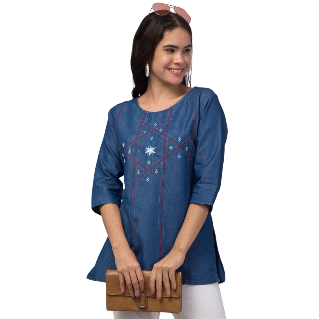 Women’s Embroidered Denim Blue Tunic Top | Round Neck | Geometric Thread Work | 3/4 Sleeves | Casual & Office Wear