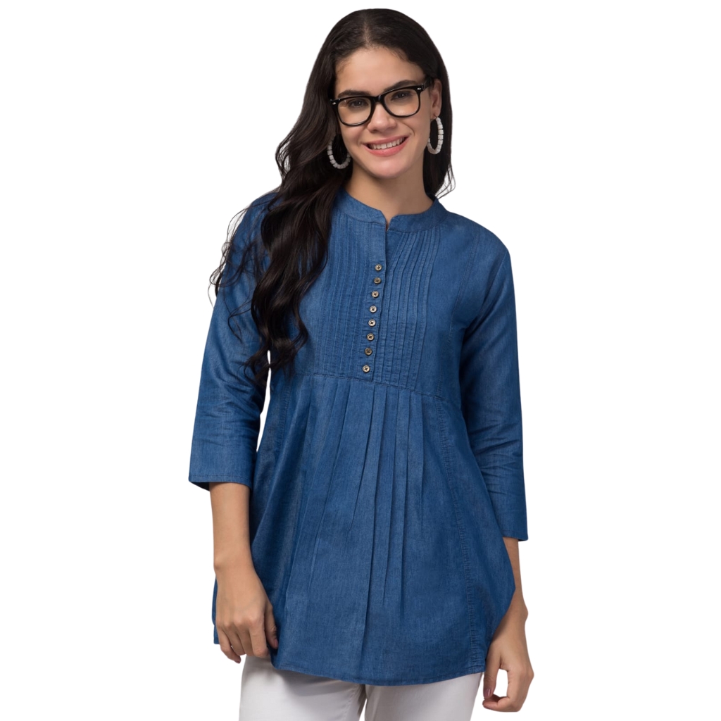 Women’s Denim Blue Pleated Tunic Top | Mandarin Collar | Button Placket | 3/4 Sleeves | Casual & Office Wear