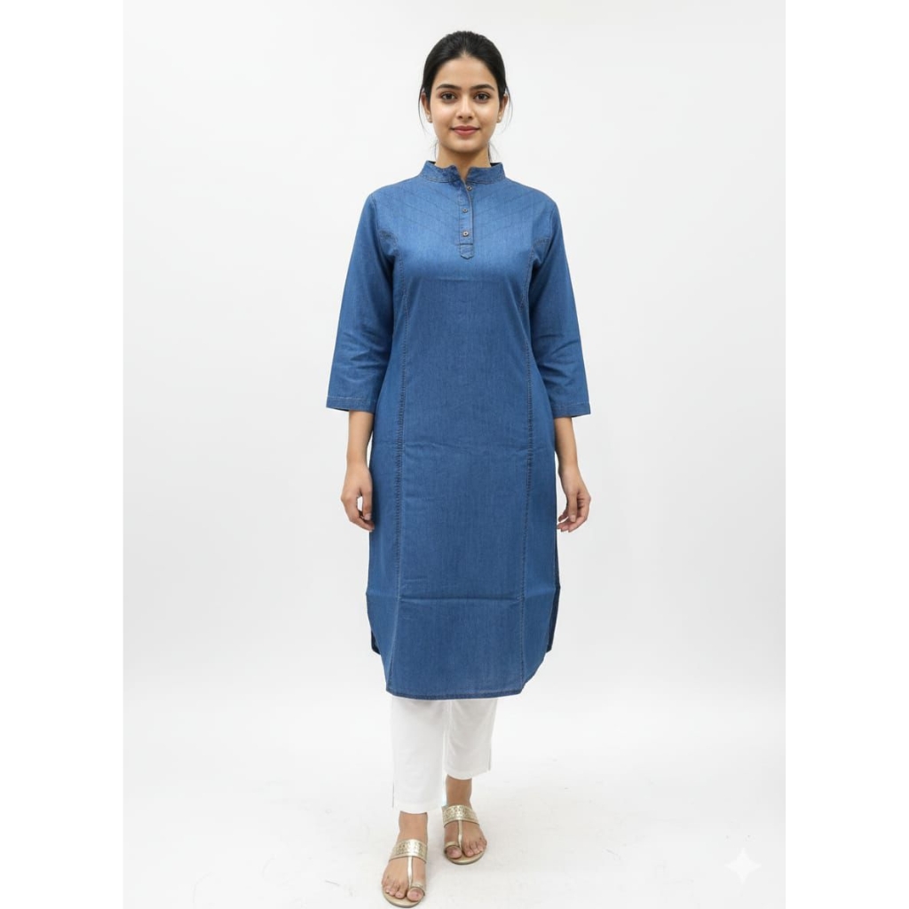 Women’s Solid Denim Blue Straight Kurti | Mandarin Collar | Button Placket | 3/4 Sleeves | Casual & Office Wear