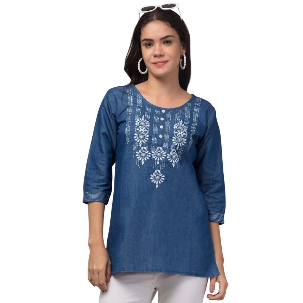 Women’s Embroidered Denim Blue Tunic Top | Round Neck | Ethnic Thread Work Yoke | 3/4 Sleeves | Casual & Office Wear