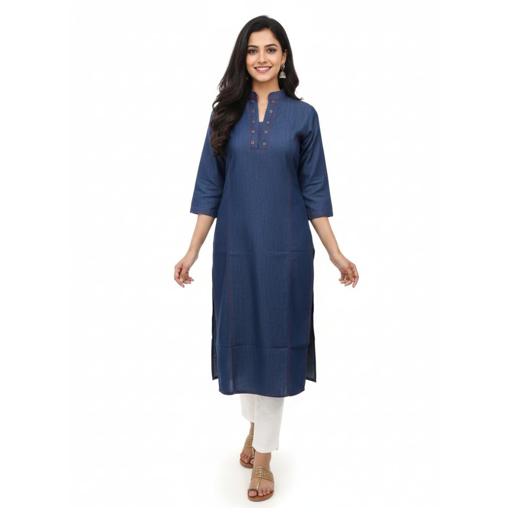 Women’s Solid Denim Blue Straight Kurti | Mandarin Collar | Button Placket | 3/4 Sleeves | Casual & Office Wear