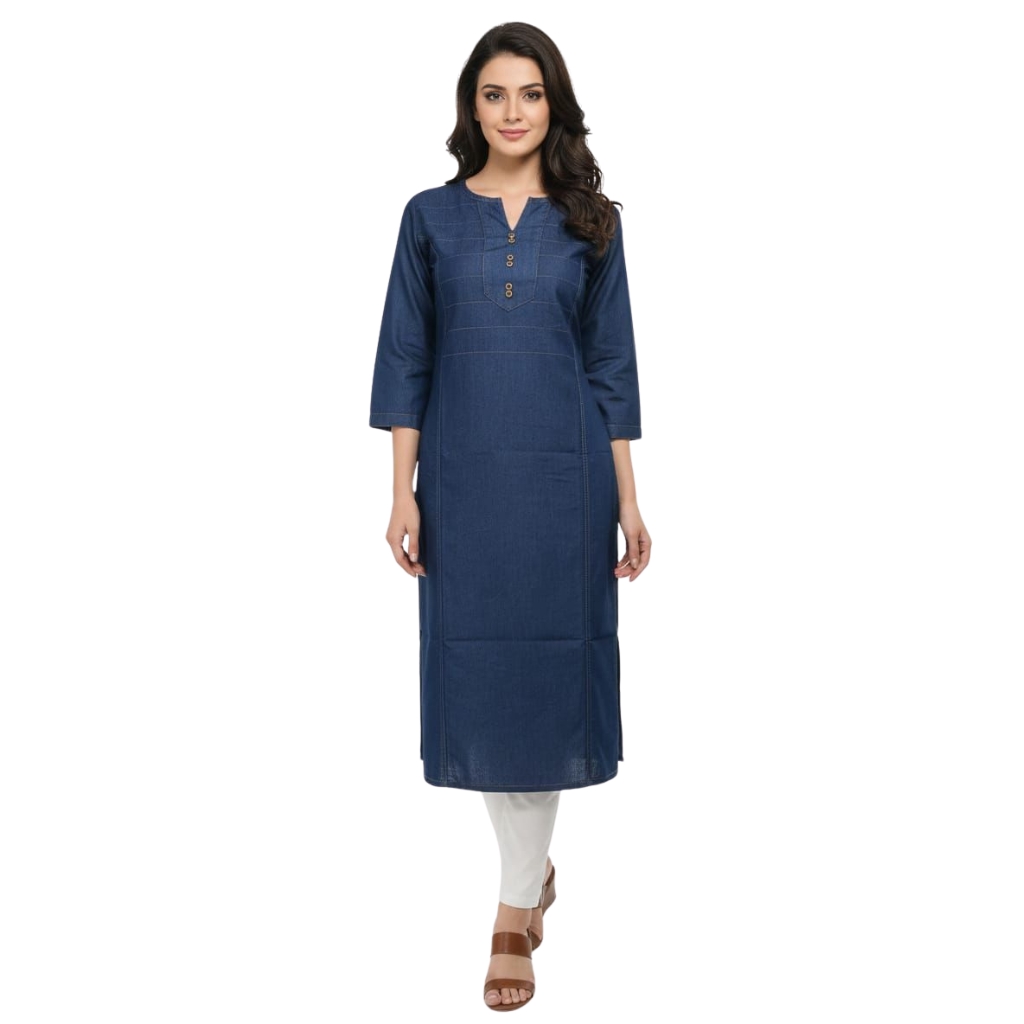 Women’s Solid Denim Blue Straight Kurti | Notched Neck with Button Detail | 3/4 Sleeves | Casual & Office Wear