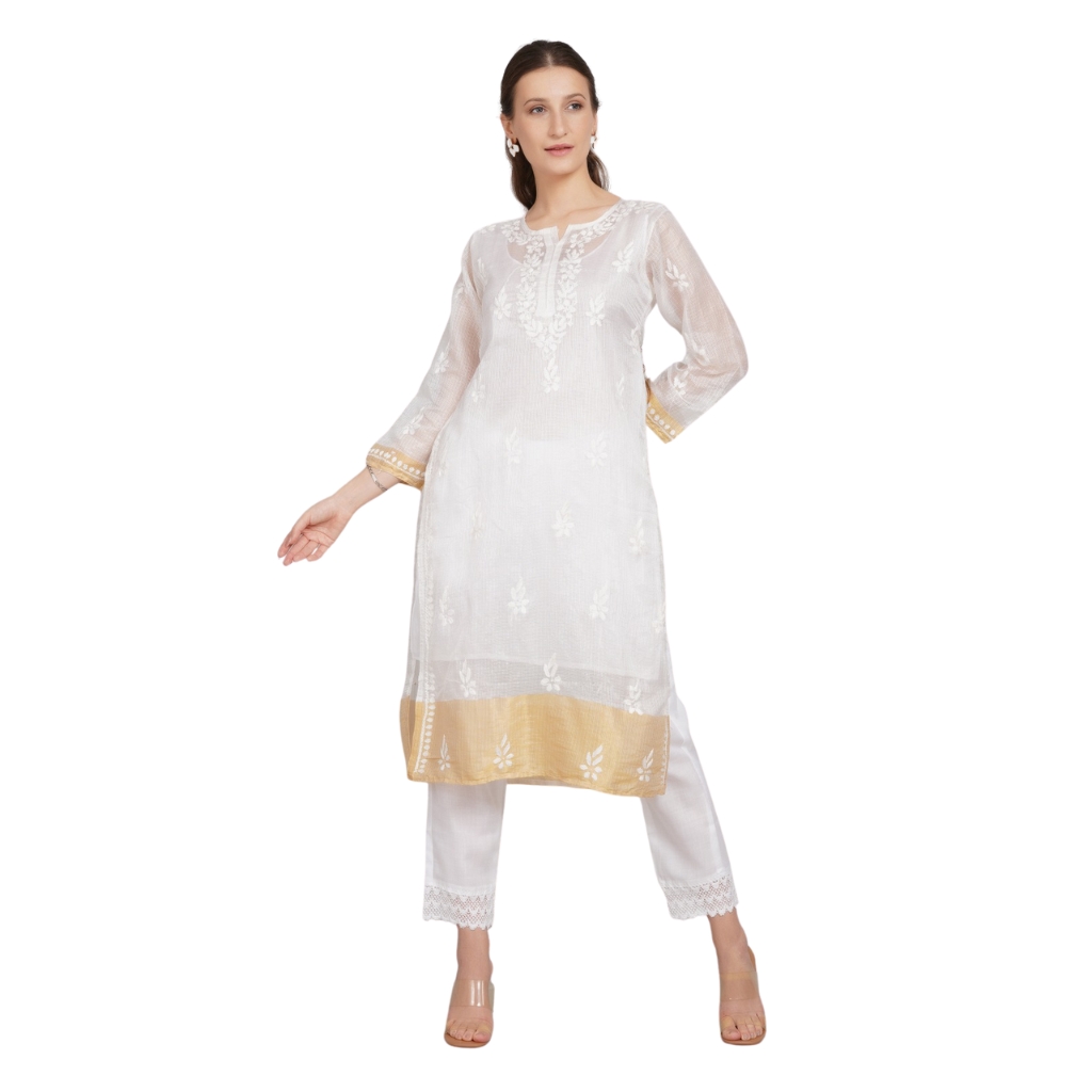 Women’s White Chanderi Cotton Chikankari Kurti with Inner | Hand Embroidered Straight Kurta | 3/4 Sleeve Ethnic Wear