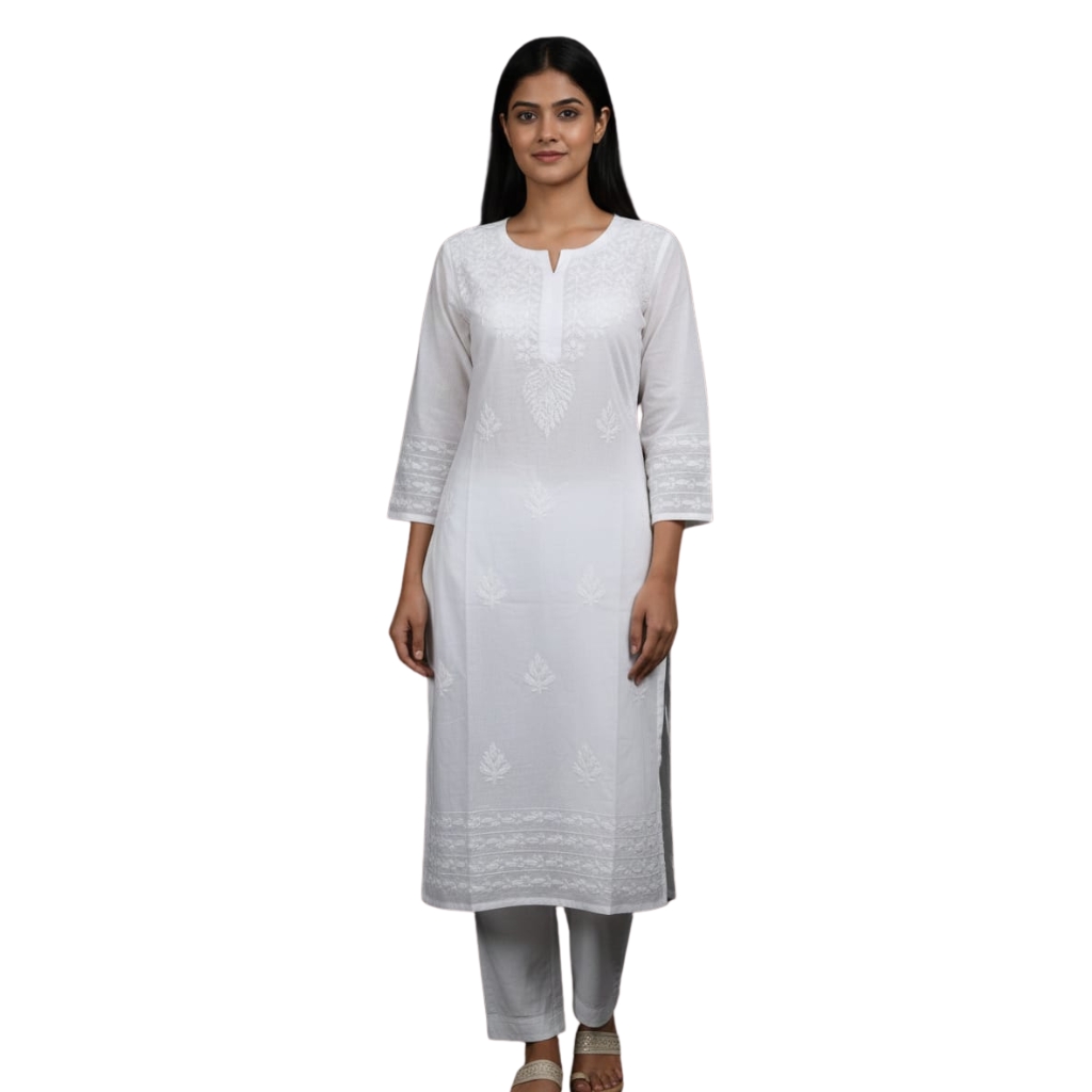 Women’s White Chanderi Cotton Chikankari Kurti | Straight Fit Hand Embroidered Kurta | 3/4 Sleeve Ethnic Wear