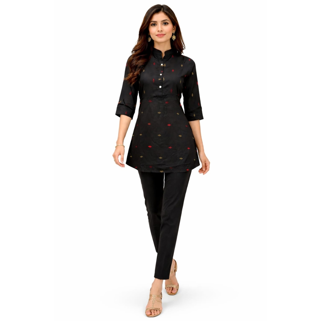 Women’s Black Printed Rayon Short Top | Mandarin Collar Straight Fit Kurta | 3/4 Sleeve Casual Ethnic Wear