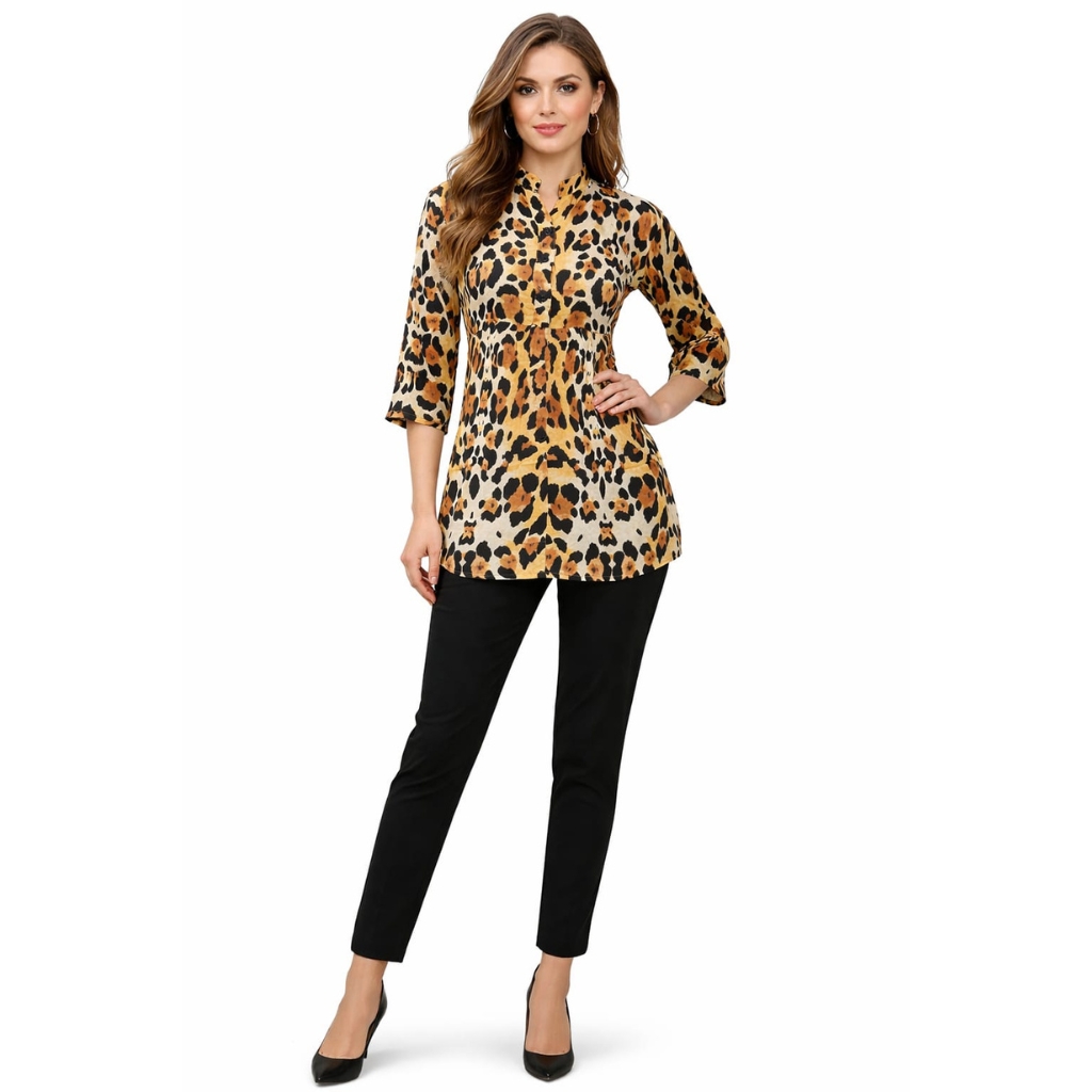Women’s Brown Leopard Print Rayon Top | Mandarin Collar Straight Fit Top | 3/4 Sleeve Indo-Western Wear