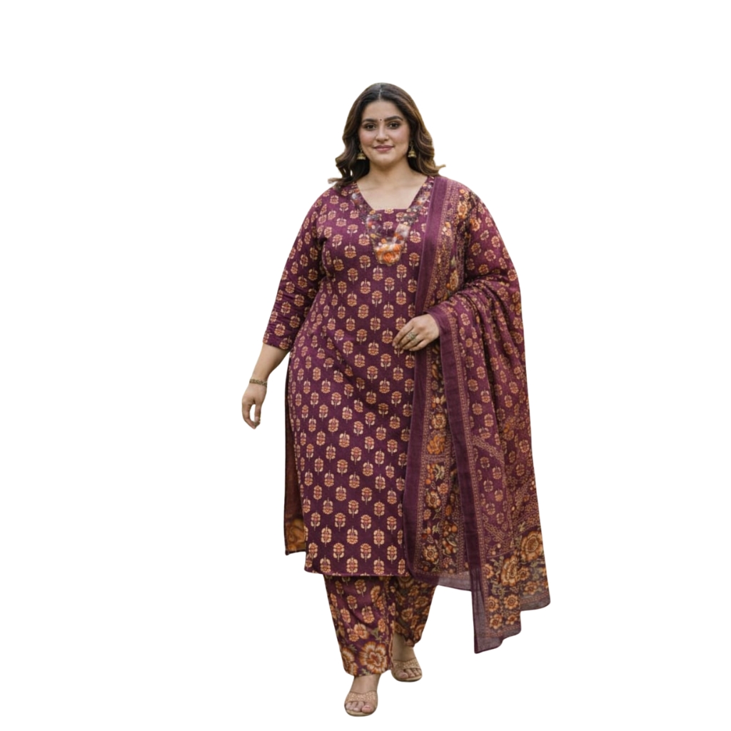 Women’s Plus Size Maroon Printed Kurta Pant Set with Dupatta | Cotton Blend Ethnic Suit Set | 3/4 Sleeve Festive Wear