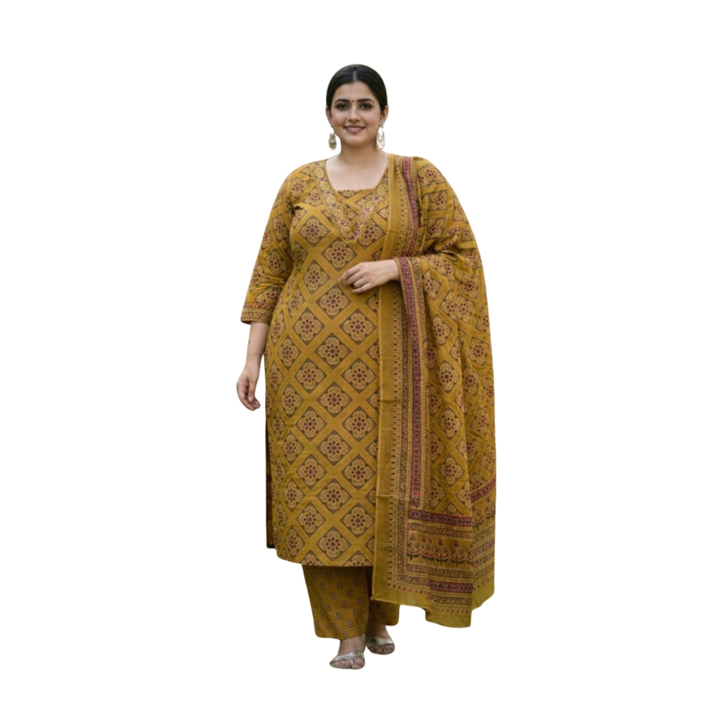 Women’s Plus Size Mustard Printed Kurta Pant Set with Dupatta | Cotton Ethnic Wear | 3/4 Sleeve Comfortable Fit