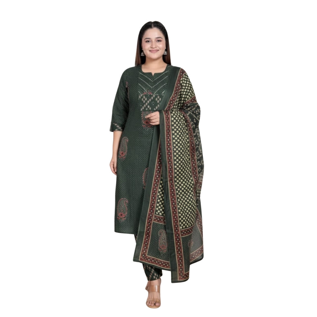 Women’s Dark Green Cotton Printed Kurta Pant Dupatta Set | Ethnic Straight Kurti Suit | Festive & Casual Wear