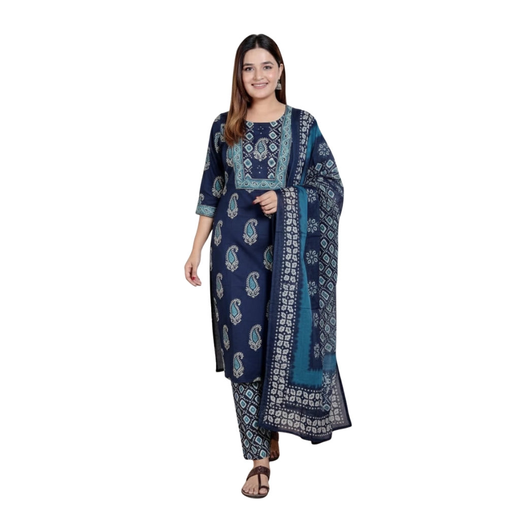 Women’s Navy Blue Cotton Printed Kurta Pant Dupatta Set | Ethnic Straight Kurti Suit | Festive, Office & Casual Wear