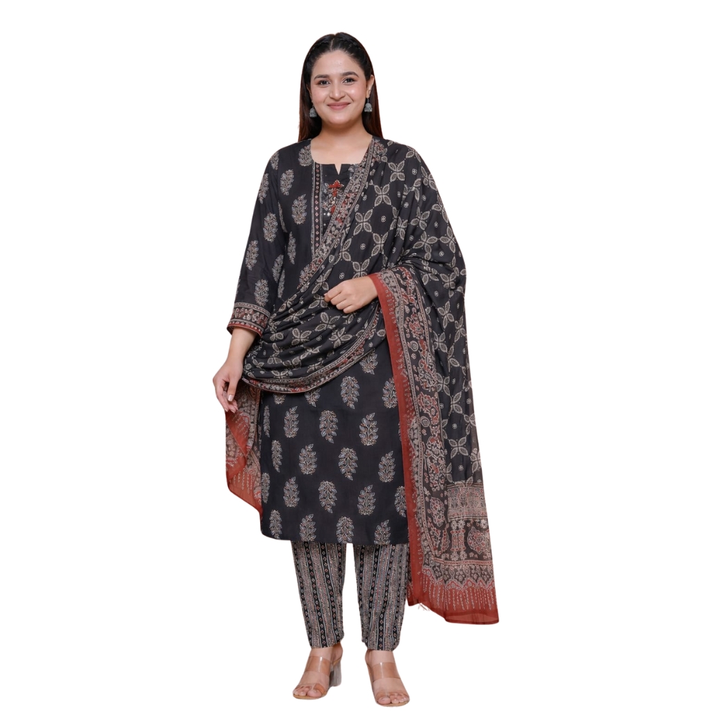 Women’s Charcoal Black Cotton Printed Kurta Pant Dupatta Set | Ethnic Straight Kurti Suit | Festive & Casual Wear